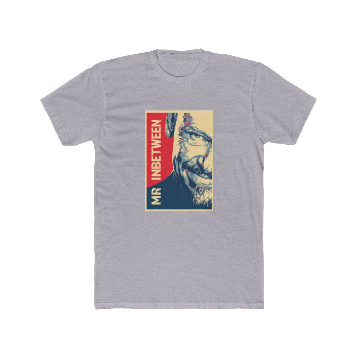 A black T Shirt with a red, white, and blue graphic of a man's face with the text "MR. INBETWEEN" printed on the shirt - Mr Inbetween official T-Shirts merch