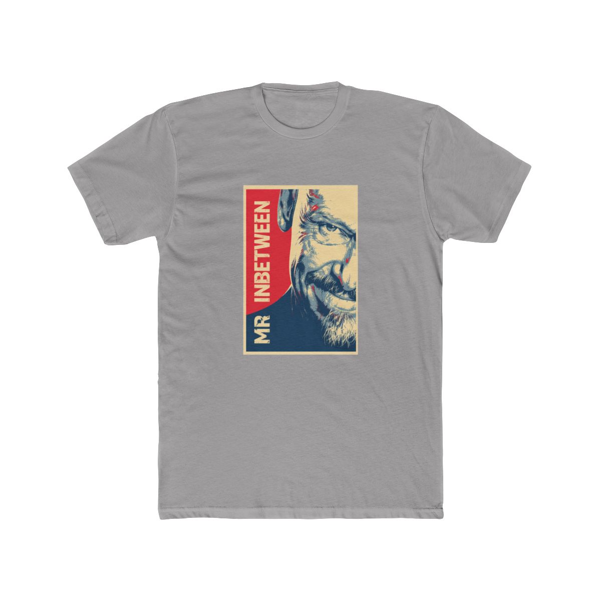 A black T Shirt with a red, white, and blue graphic of a man's face with the text "MR. INBETWEEN" printed on the shirt - alternate angle 4, merchandise